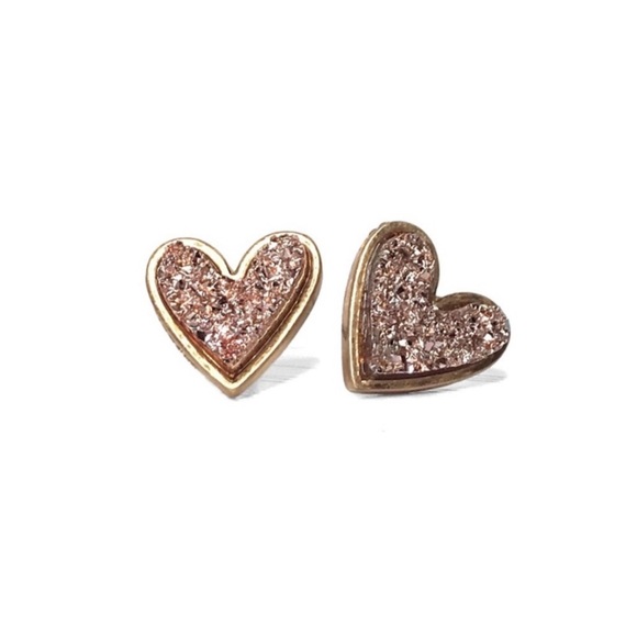 New Rose Gold Tone Lab Created Druzy Heart Stone Stud Earrings - Picture 2 of 7